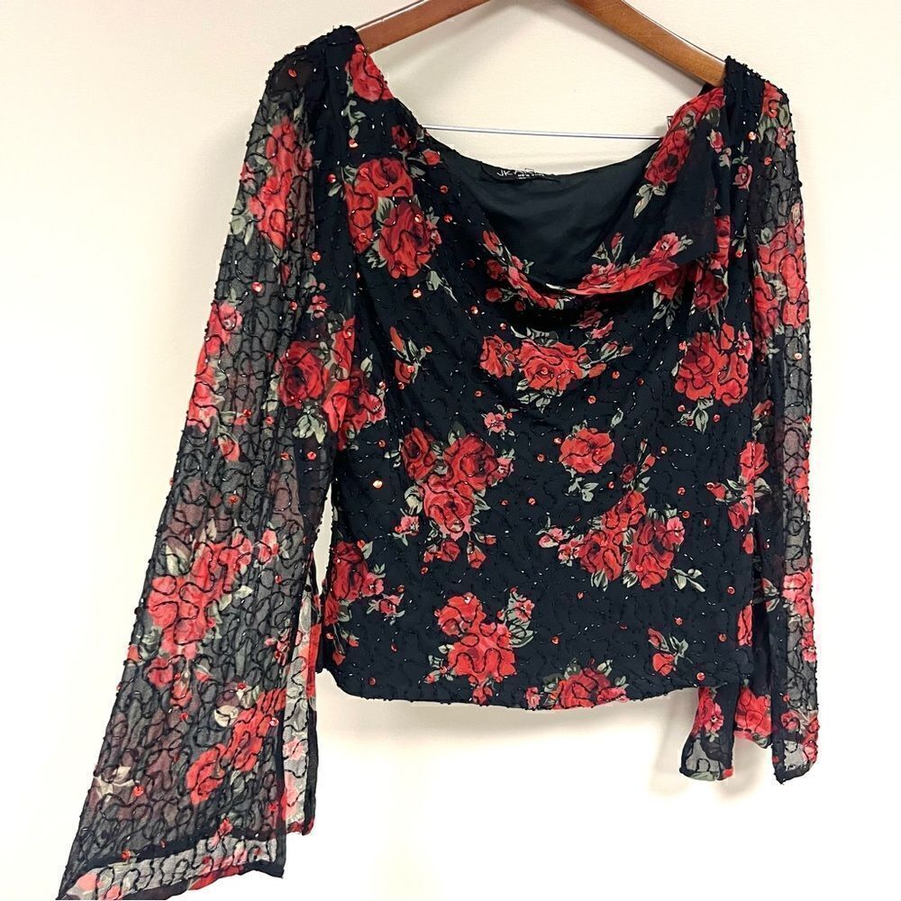 JKara vintage rose print beaded split sleeve top size XL